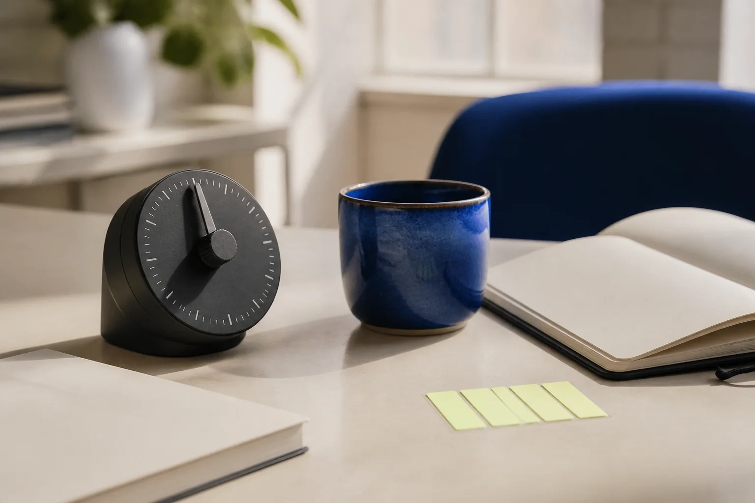 Analoger Zeitmesser, blaue Tasse und Notizbuch auf einem hellen Studiotisch